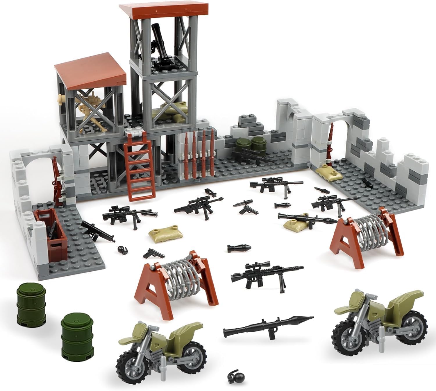 Military Base Building Block Set, WW2 Army Mini War Accessories Kits, Military Ruins Guard Tower Guns Army Supplies Block Toy for Teens Adults 14+