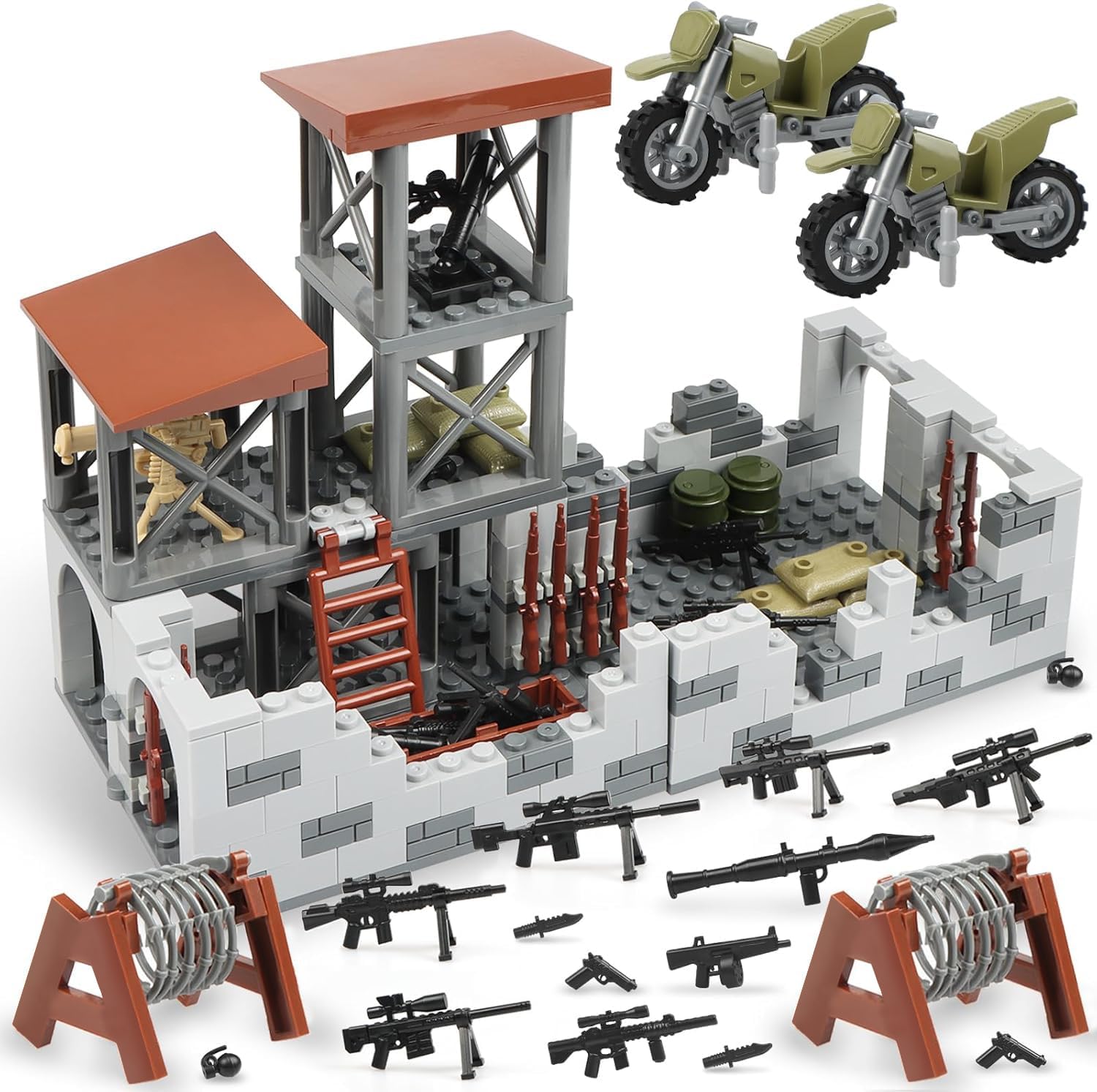 Military Base Building Block Set, WW2 Army Mini War Accessories Kits, Military Ruins Guard Tower Guns Army Supplies Block Toy for Teens Adults 14+