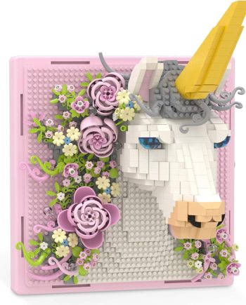 Pink Flowers Unicorn Animal 3D Wall Art Micro Mini Building Blocks Set, Unique Home Wall Decor or Table Display, No Compatible with Lego Set, Ideal Gift Toy for Adults & Teens (134 PCS)
