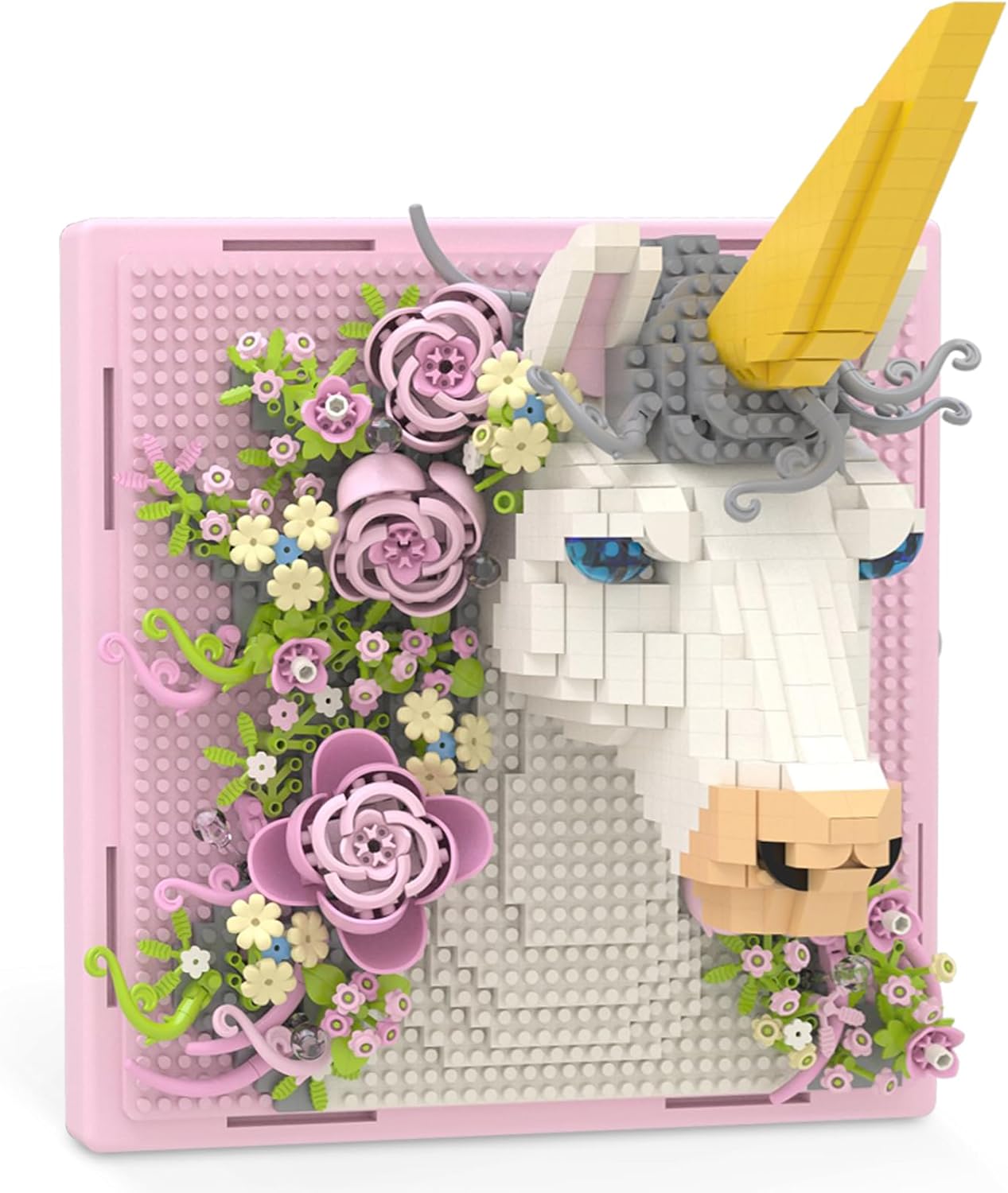 Pink Flowers Unicorn Animal 3D Wall Art Micro Mini Building Blocks Set, Unique Home Wall Decor or Table Display, No Compatible with Lego Set, Ideal Gift Toy for Adults & Teens (134 PCS)