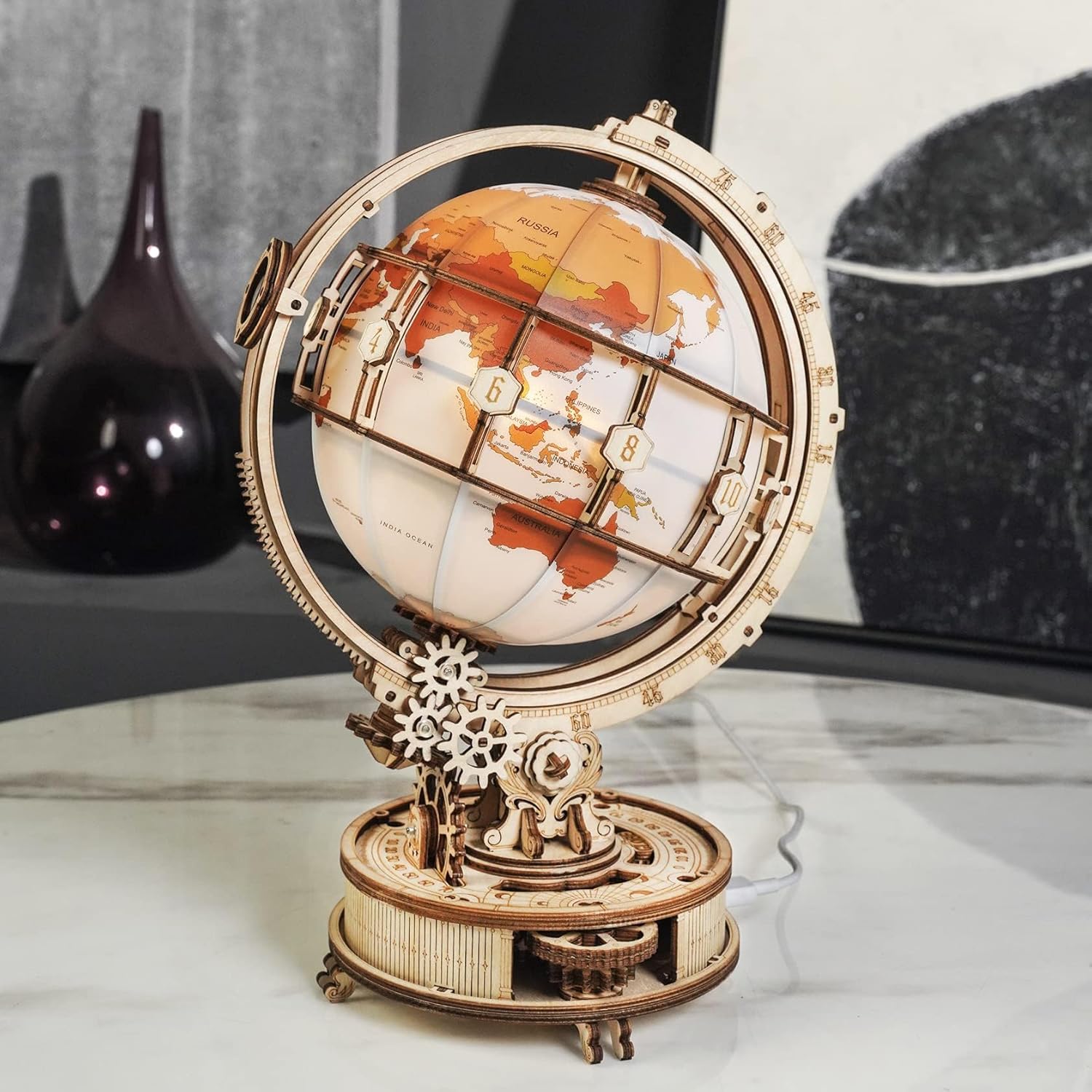 3D Wooden Puzzles for Adults Illuminated Globe with Stand 180pcs 3D Puzzles Built-in LED Model Kit Hobby Gifts for Adults Home Decor
