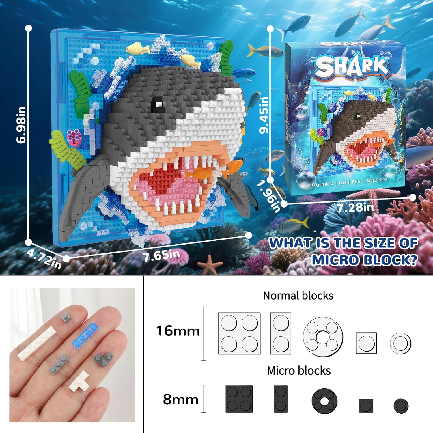 Shark Animal 3D Wall Art Micro Mini Building Blocks Set, Unique Home Wall Decor or Table Display, No Compatible with Lego Set, Ideal Gift Toy for Adults & Teens (1644 PCS)